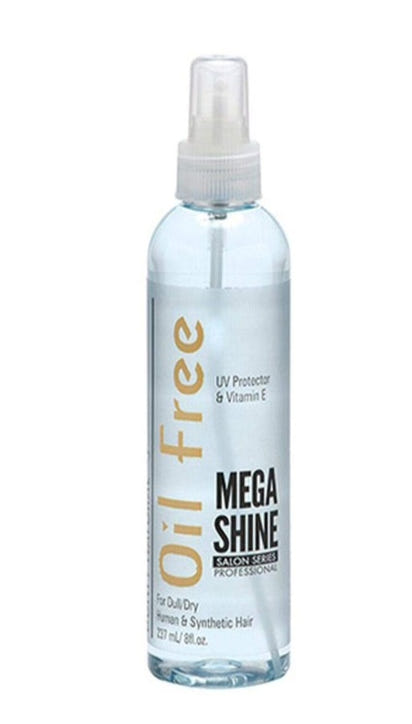 Oil Free Mega Shine hair product spray bottle on a white background