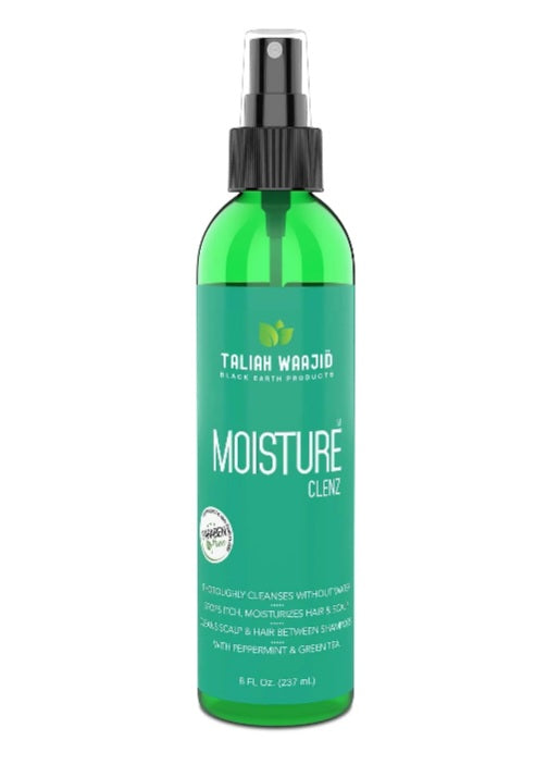 Green bottle of Taliah Waajid Moisture Clenz on a white background