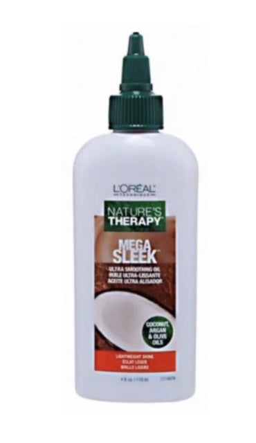 L'Oreal Nature's Therapy Mega Sleek hair product bottle on a white background