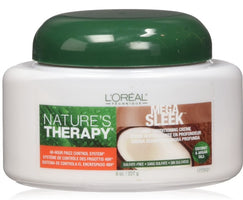 L'Oreal Nature's Therapy Mega Sleek hair product jar on a white background