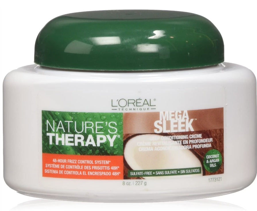 L'Oreal Nature's Therapy Mega Sleek hair product jar on a white background