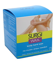 Surgi Wax packaging with a blue background and image of legs