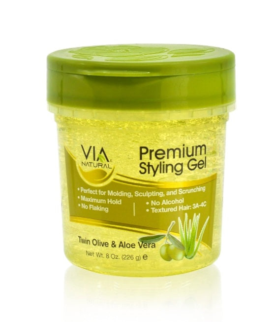 Jar of VIA Natural Premium Styling Gel with green lid on a white background