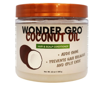Jar of Wonder Gro Coconut Oil Hair and Scalp Conditioner with a brown lid on a white background