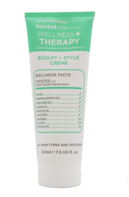 Tube of 'Wellness + Therapy' sculpt and style crème with green and white label on a white background
