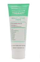 Tube of 'Wellness + Therapy' sculpt and style crème with green and white label on a white background