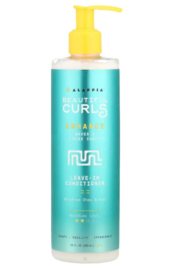 Malaffia Beautiful Curls leave-in conditioner bottle with yellow pump on a white background