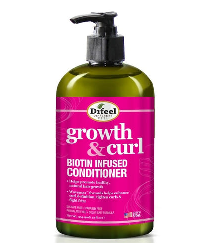 Difeel growth & curl biotin infused conditioner bottle on a white background