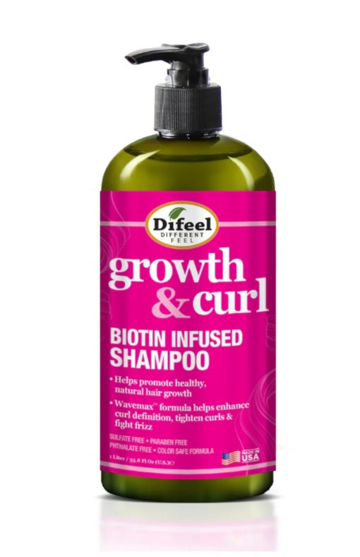 Difeel growth & curl shampoo bottle with pink label on a white background
