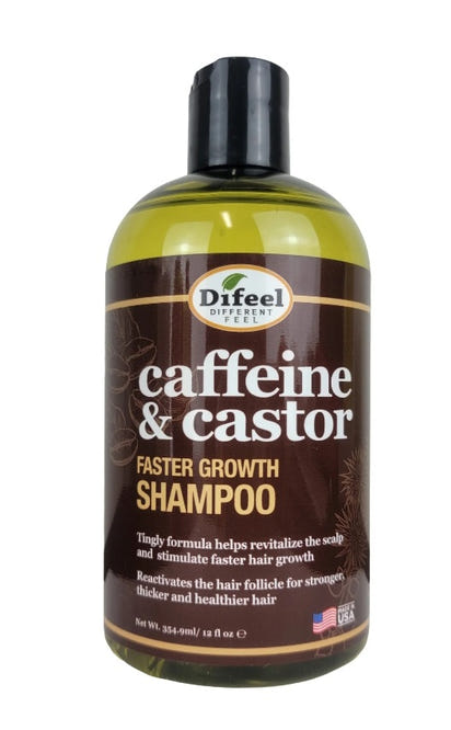 Difeel caffeine & castor shampoo bottle on a white background