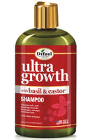 Difeel ultra growth shampoo bottle with basil and castor ingredients on a white background