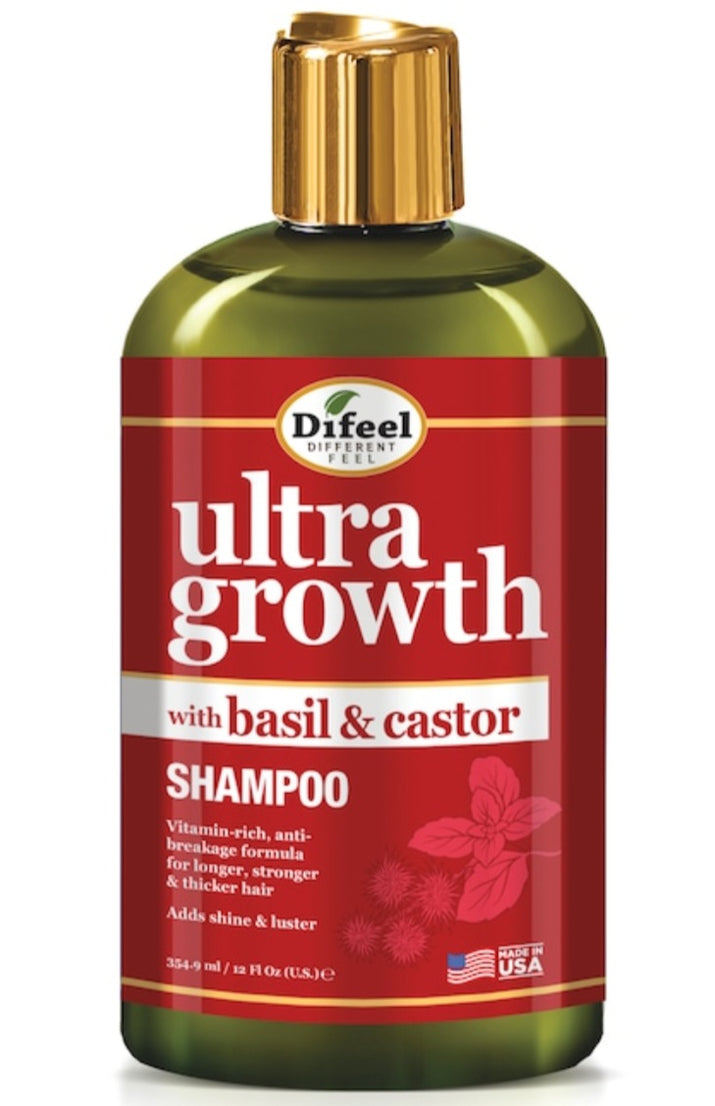 Difeel ultra growth shampoo bottle with basil and castor ingredients on a white background