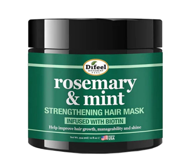 Difeel rosemary & mint strengthening hair mask jar on a white background