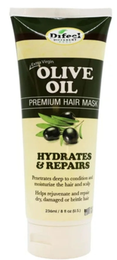 Tube of olive oil hair mask with branding and product details on a white background