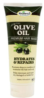 Tube of olive oil hair mask with branding and product details on a white background