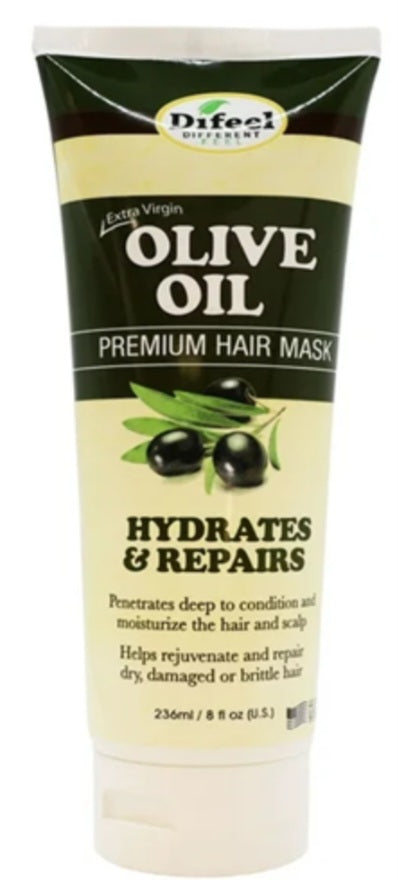 Tube of olive oil hair mask with branding and product details on a white background