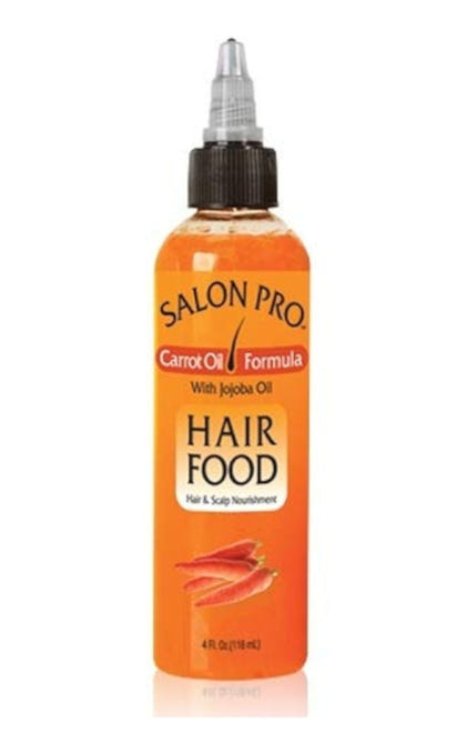 Bottle of Salon Pro Hair Food with Carrot Oil Formula on a white background