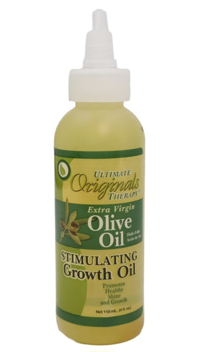 Bottle of olive oil stimulating growth oil with a green label on a white background